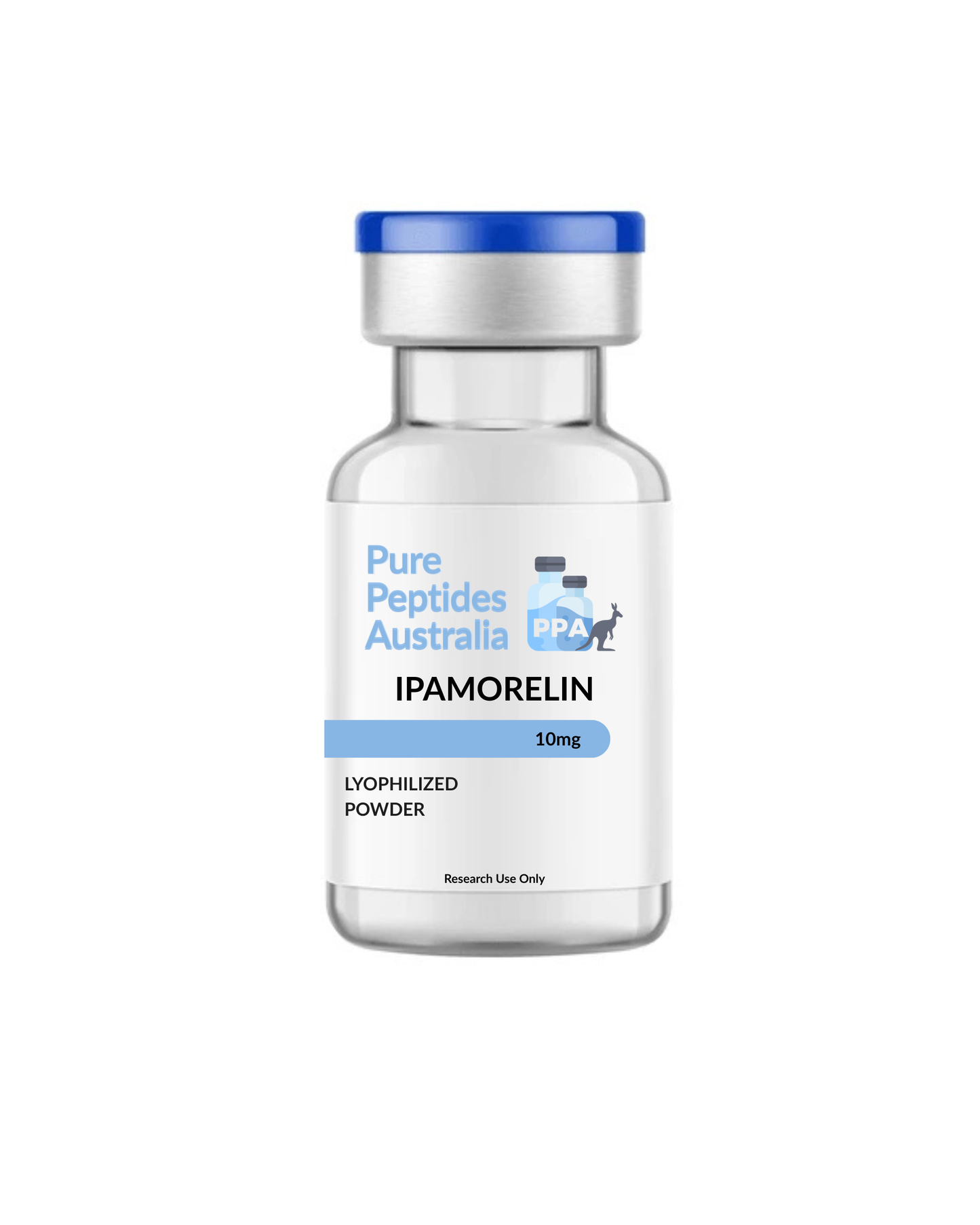 Ipamorelin 10mg research peptide vial – COA-verified lyophilized powder from Pure Peptides Australia, ≥99% purity, research use only.