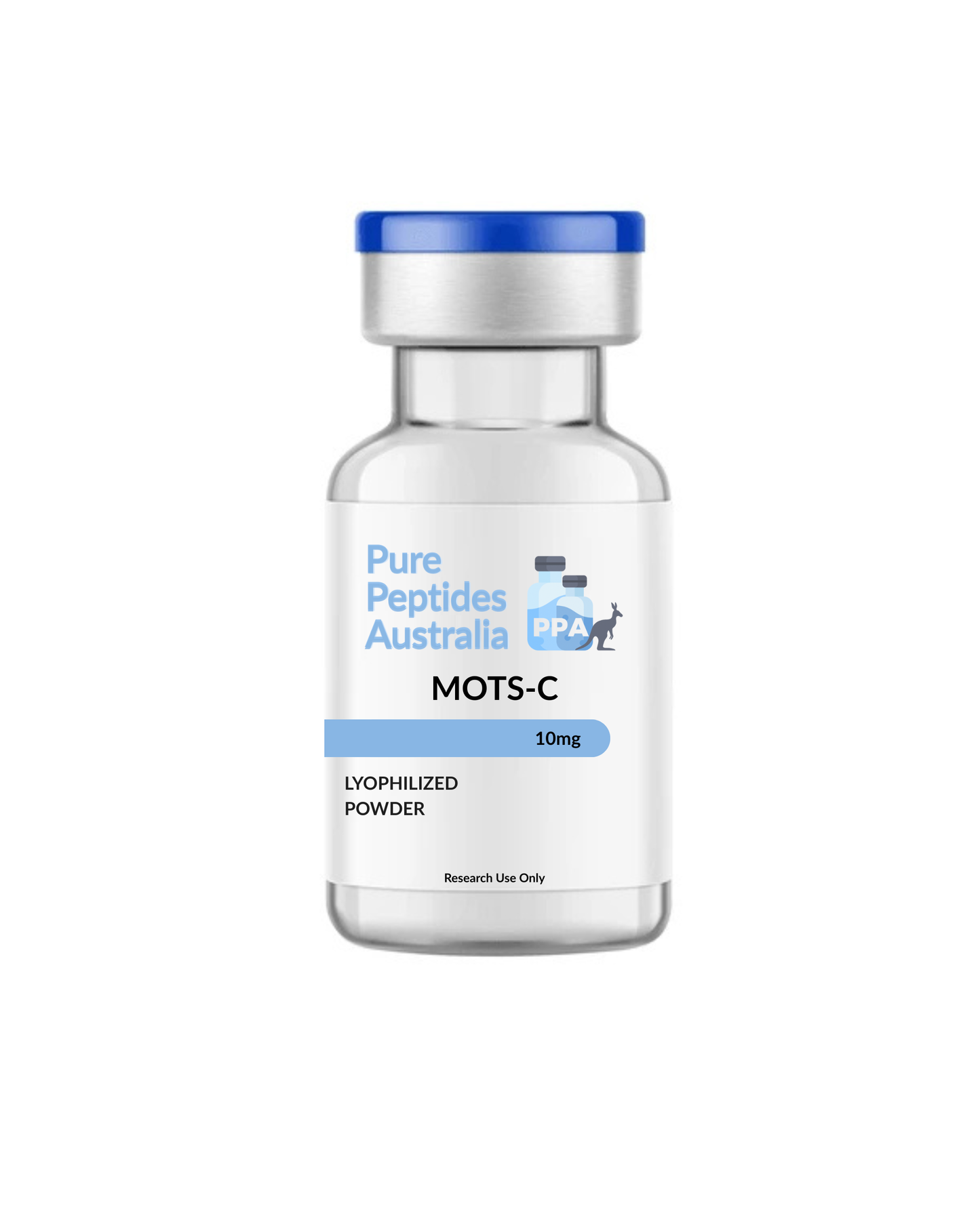 MOTS-c 10 mg research peptide vial – COA-verified lyophilised powder from Pure Peptides Australia, ≥99% purity, for laboratory research use only
