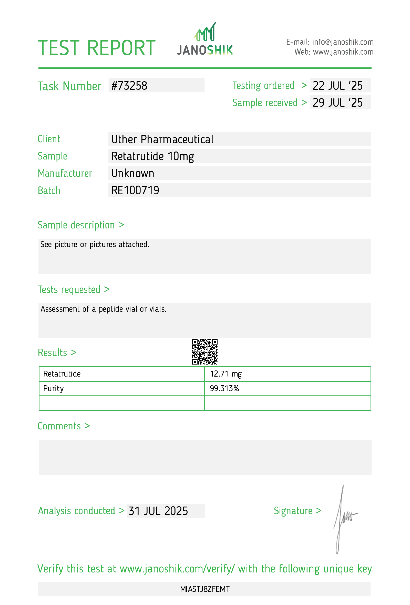 Retatrutide COA Test Report – Certificate of Analysis verifying purity and quality from Pure Peptides Australia.
