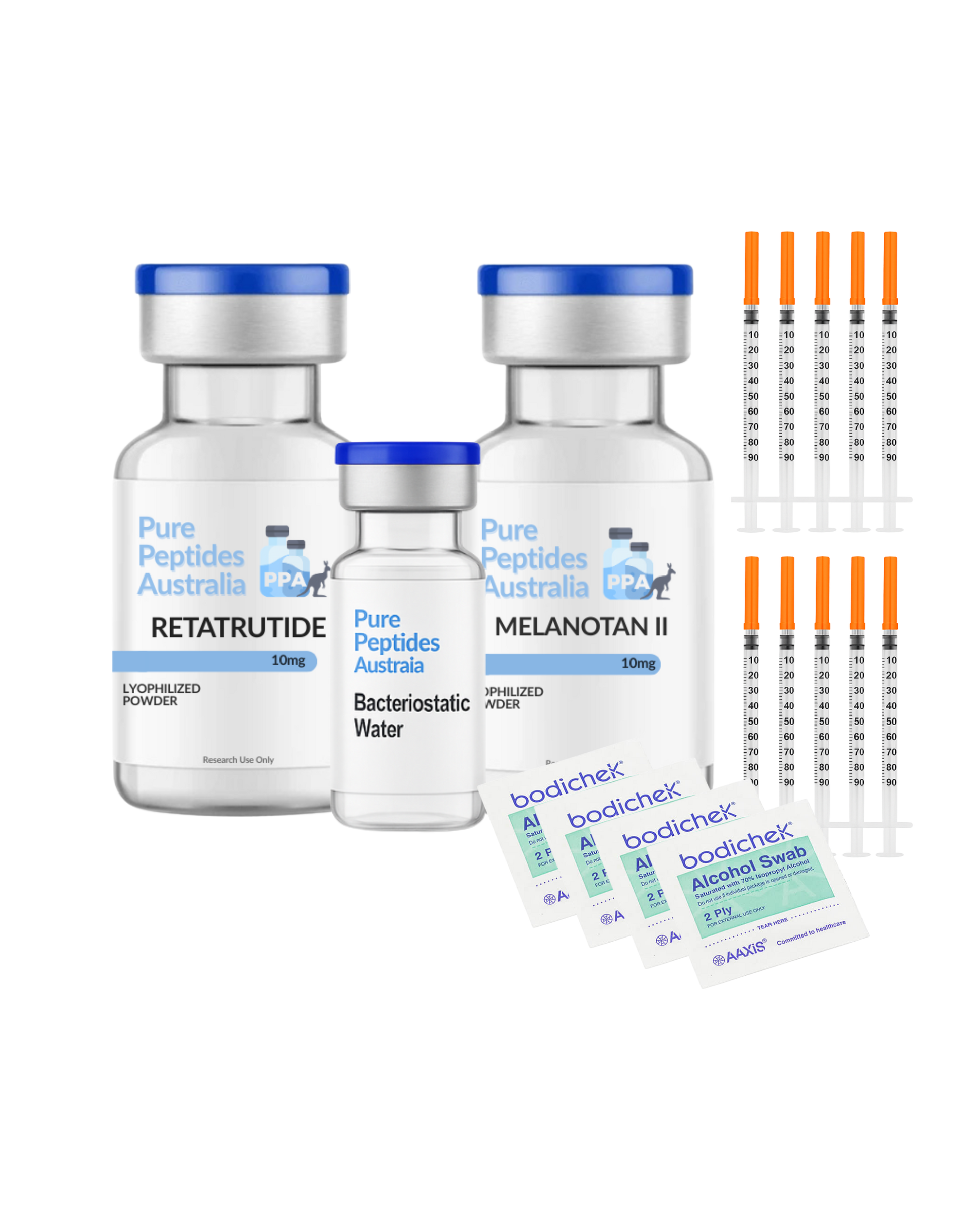 Horizon Bundle – Melanotan II 10mg, Retatrutide 10mg, bacteriostatic water, insulin needles and alcohol swabs – Pure Peptides Australia research-grade peptide pack.