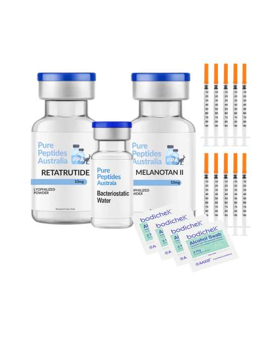 Horizon Bundle – Melanotan II 10mg, Retatrutide 10mg, bacteriostatic water, insulin needles and alcohol swabs – Pure Peptides Australia research-grade peptide pack.