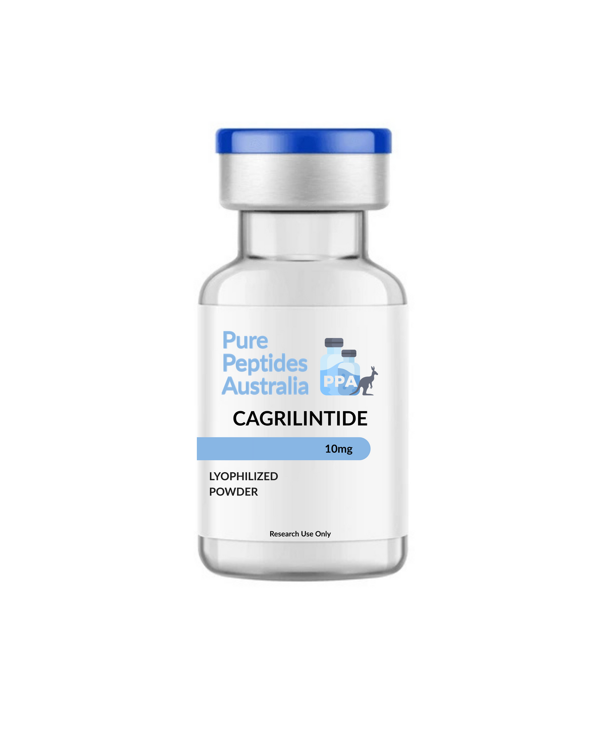 Cagrilintide 10mg lyophilized research peptide vial by Pure Peptides Australia, COA-verified, laboratory research use only.
