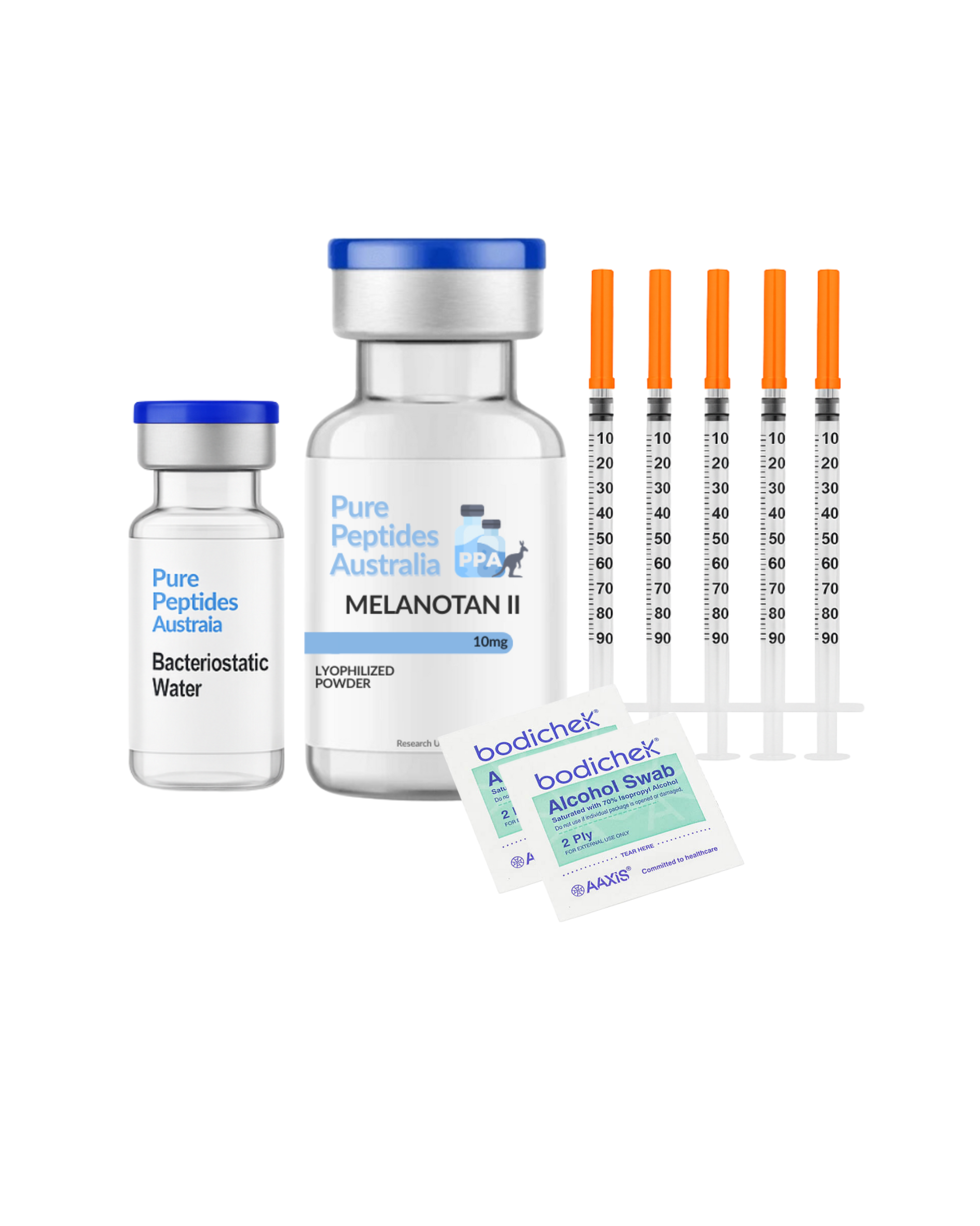 Melanotan Starter Kit – Melanotan II 10mg vial with bacteriostatic water, insulin needles, and alcohol swabs – Pure Peptides Australia research peptide pack.