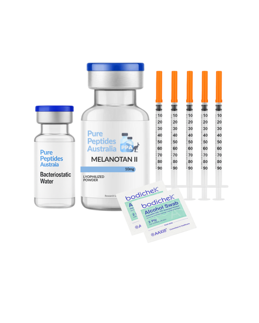 Melanotan Starter Kit – Melanotan II 10mg vial with bacteriostatic water, insulin needles, and alcohol swabs – Pure Peptides Australia research peptide pack.