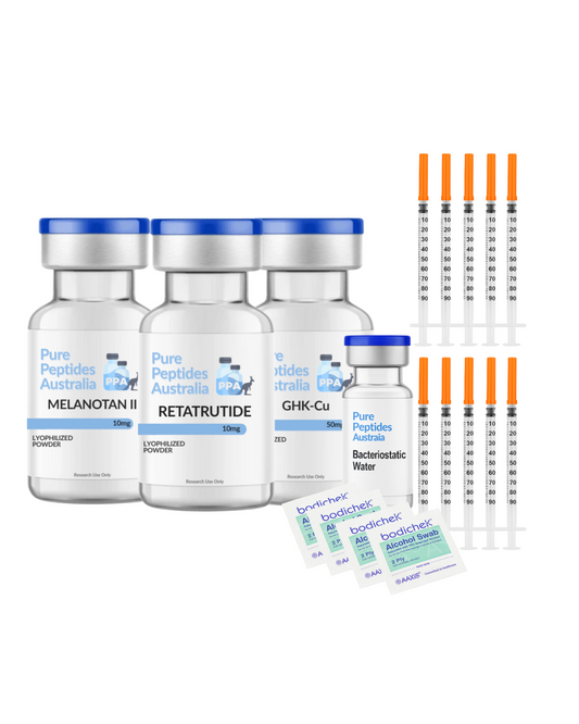 Radiance Bundle – Retatrutide, Melanotan 2 and GHK-Cu research peptides, COA-verified and lab-tested for pigmentation and skin health research