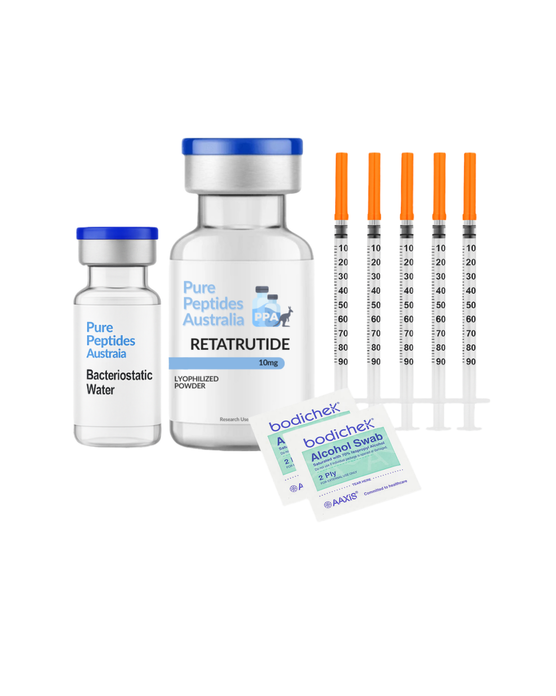 Retatrutide Starter Kit – 1× Retatrutide 10mg vial with 5 insulin needles – Pure Peptides Australia research-grade peptide pack.