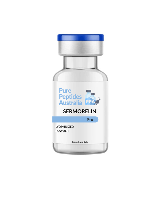 Sermorelin 5mg research peptide vial – Pure Peptides Australia, COA-verified ≥99% purity, lyophilised powder.
